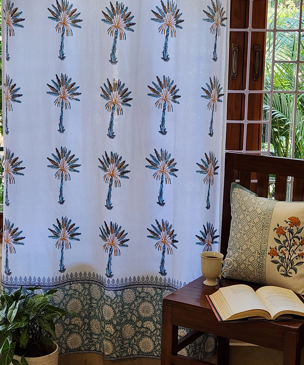 Off White & Blue Palm Block Printed Cotton Curtain (7 feet)