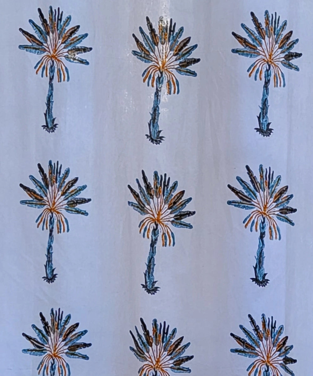 Off White & Blue Palm Block Printed Cotton Curtain (7 feet)