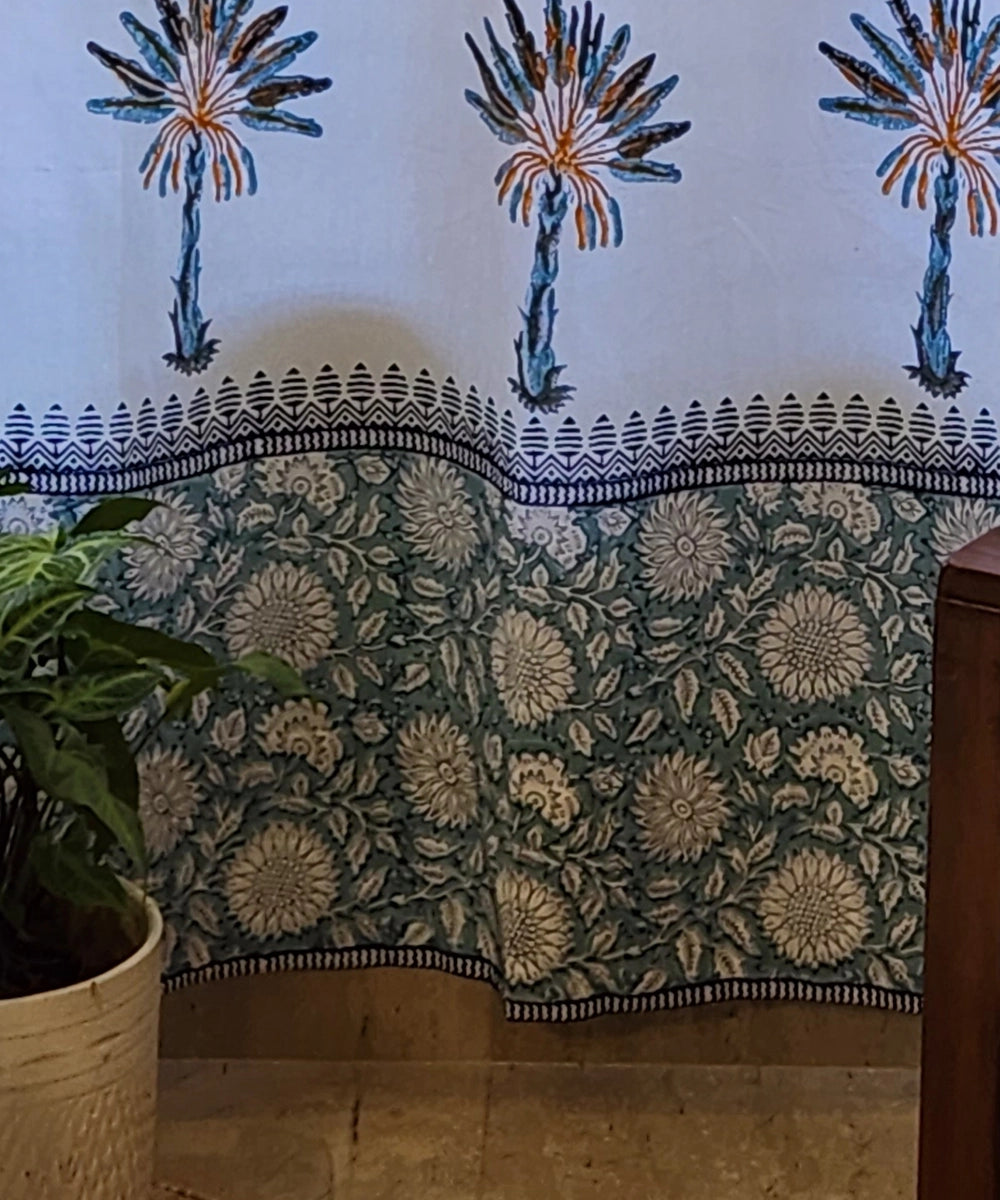 Off White & Blue Palm Block Printed Cotton Curtain (7 feet)