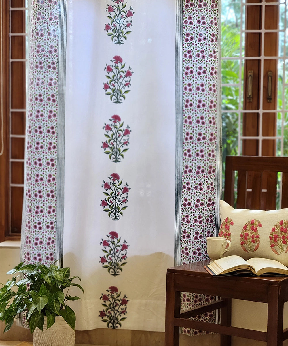 Off White, Green & Pink Floral Block Printed Cotton Curtain (7 feet)