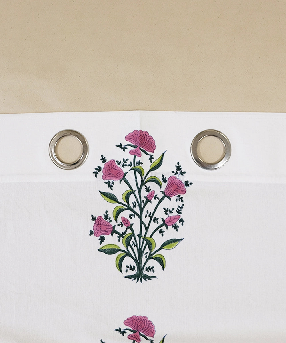 Off White, Green & Pink Floral Block Printed Cotton Curtain (7 feet)