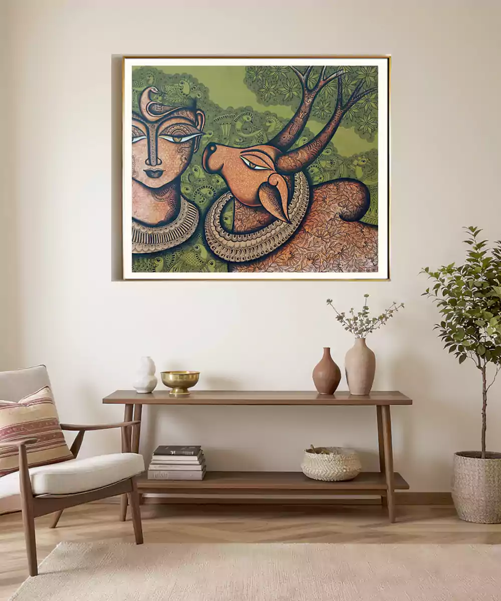 Shiva with Nandi - Acrylic on Canvas Hand Painting Wall Art | 30x36 Inches | Unframed