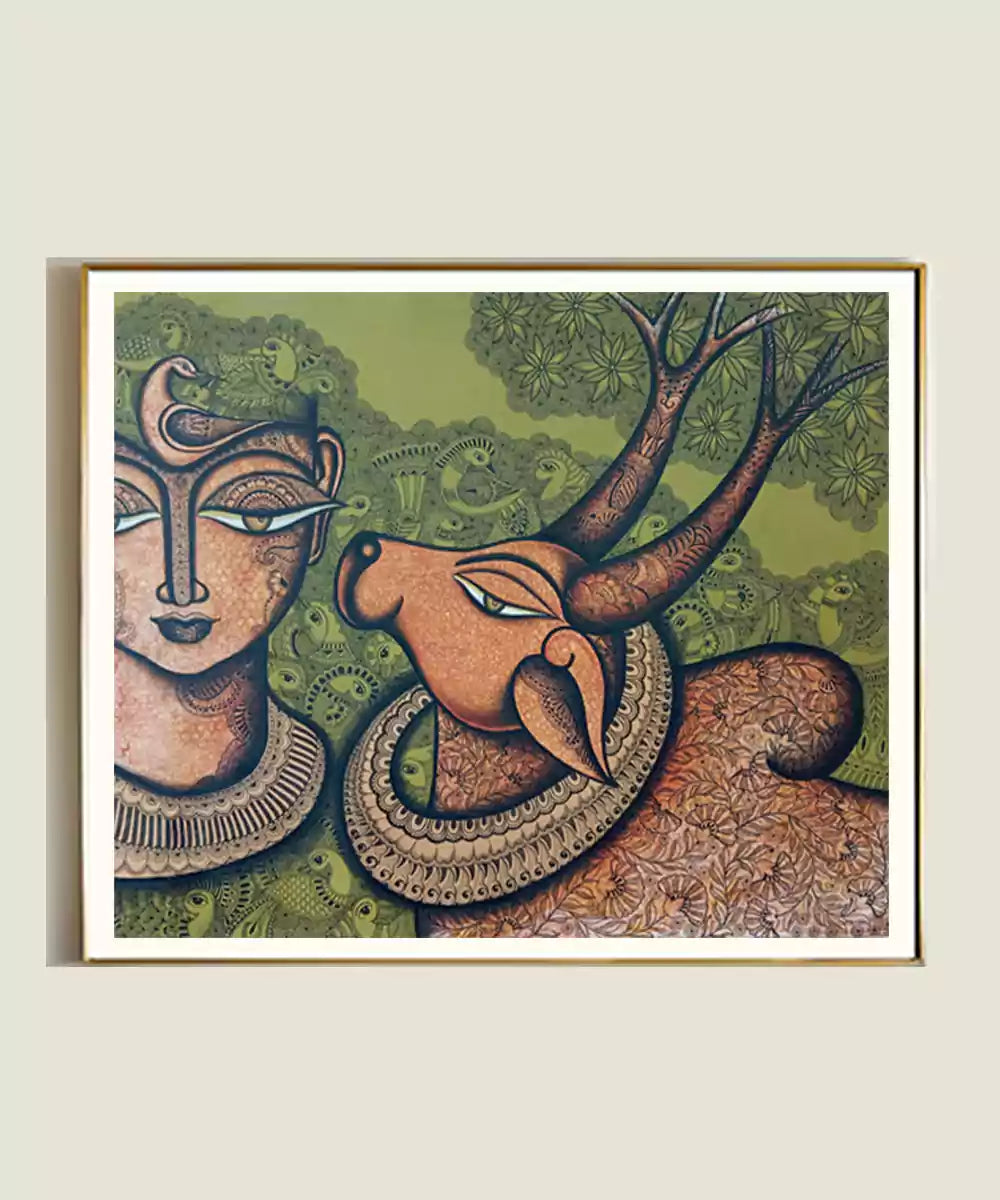Shiva with Nandi - Acrylic on Canvas Hand Painting Wall Art | 30x36 Inches | Unframed