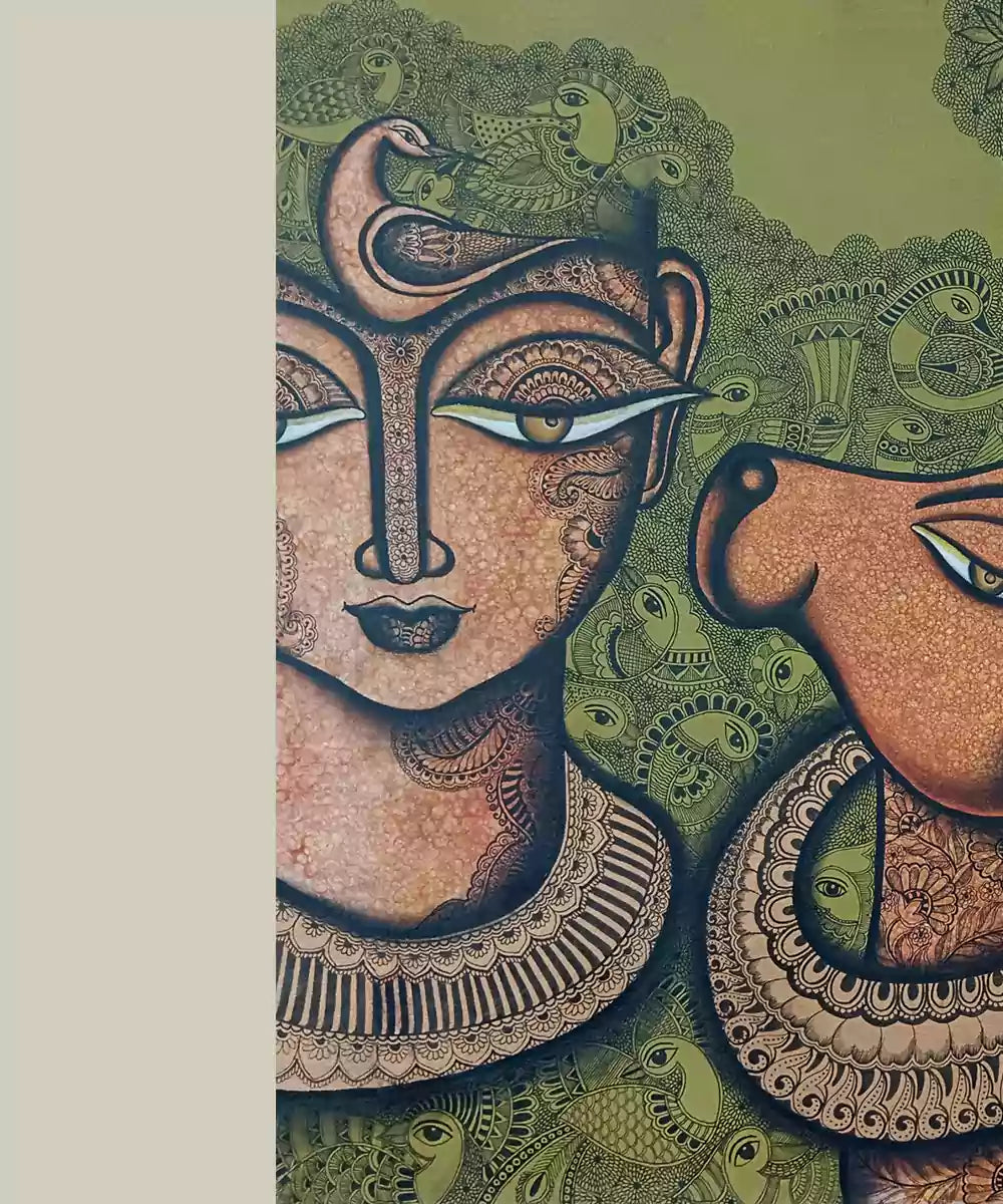 Shiva with Nandi - Acrylic on Canvas Hand Painting Wall Art | 30x36 Inches | Unframed