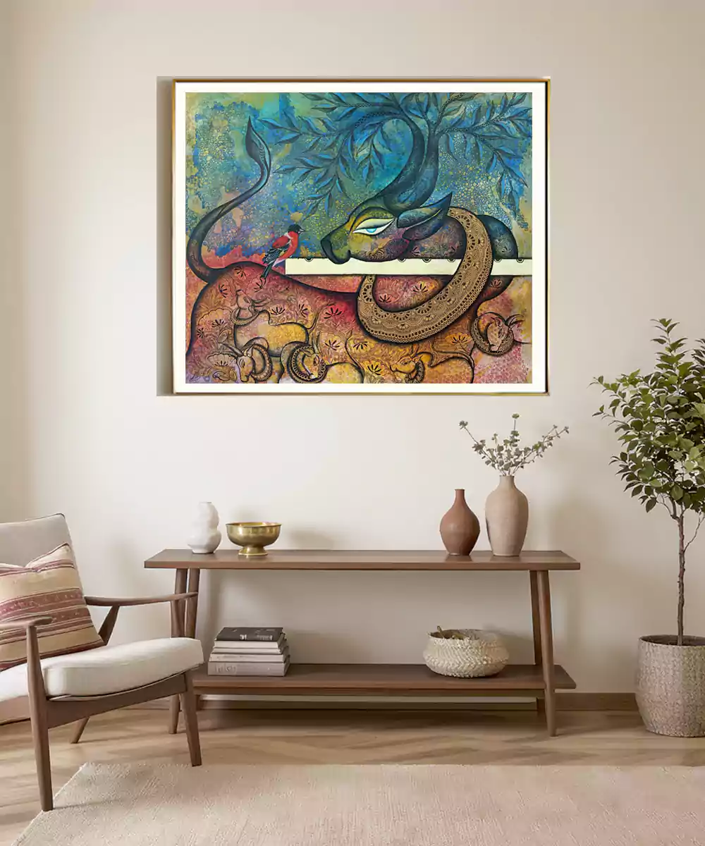 Nandi under the Tree - Acrylic on Canvas Hand Painting Wall Art | 30x36 Inches | Unframed