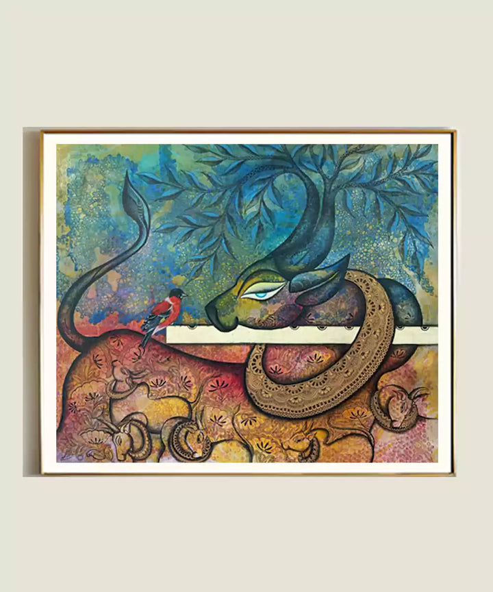 Nandi under the Tree - Acrylic on Canvas Hand Painting Wall Art | 30x36 Inches | Unframed