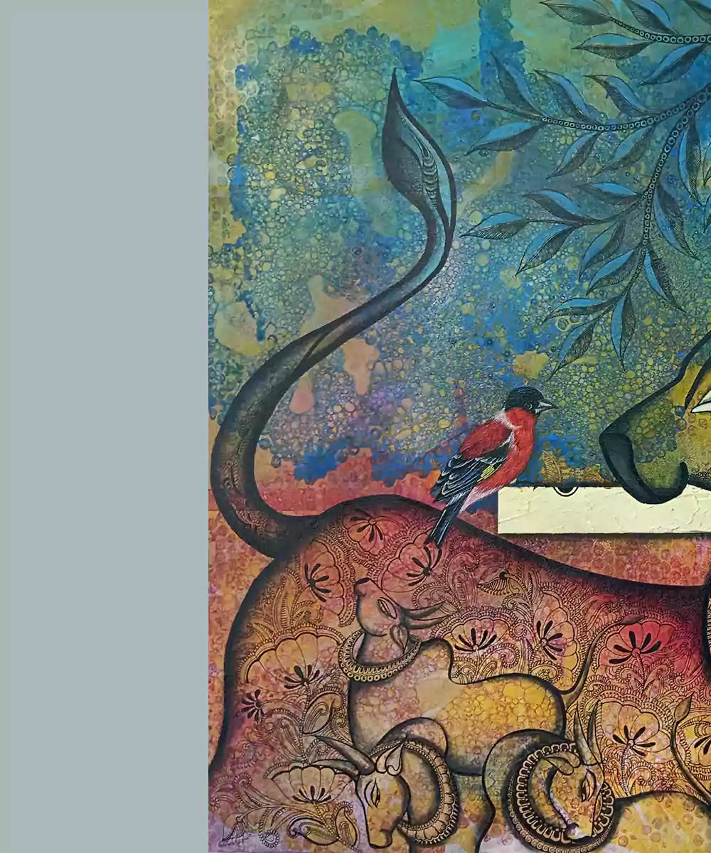 Nandi under the Tree - Acrylic on Canvas Hand Painting Wall Art | 30x36 Inches | Unframed