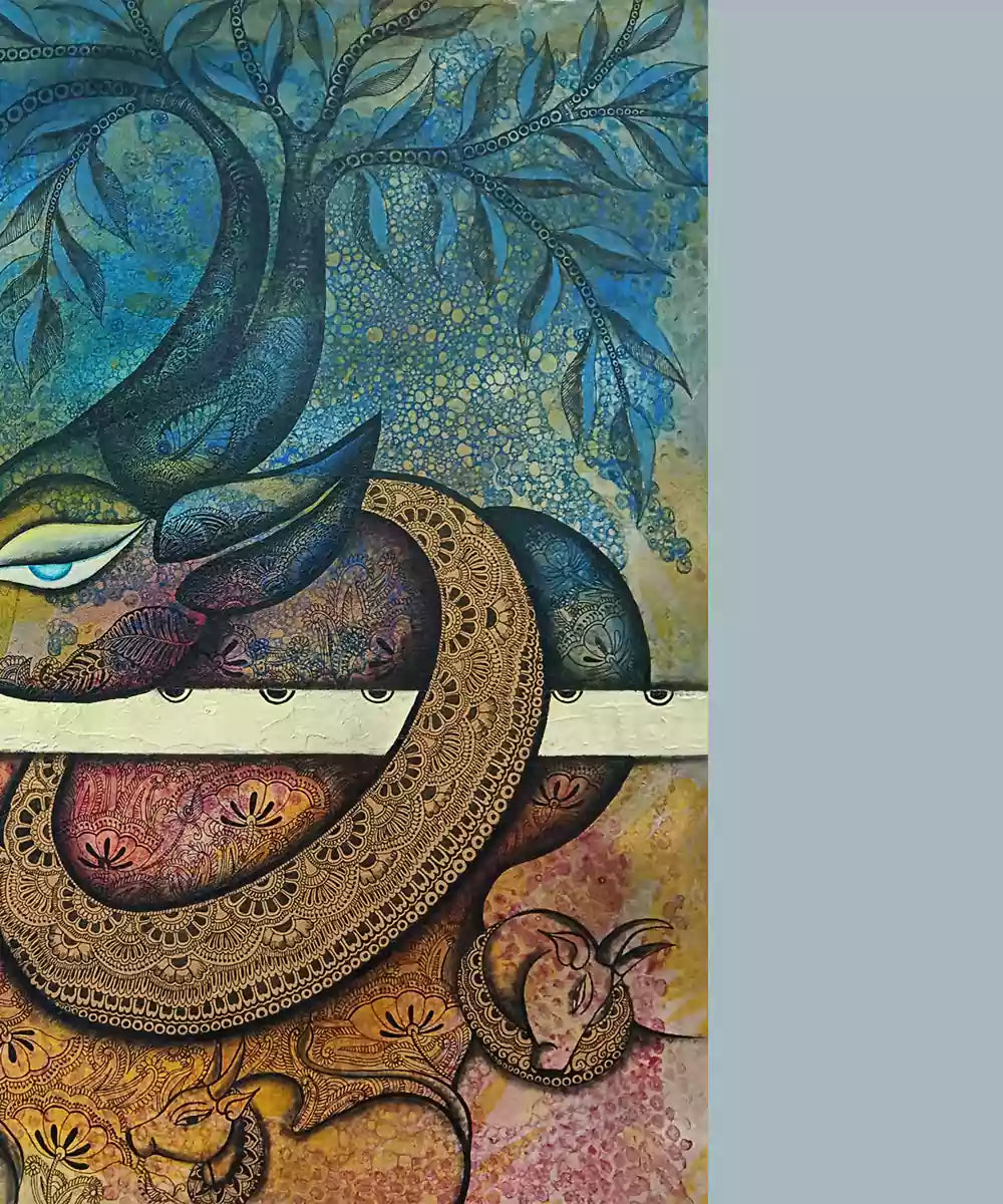 Nandi under the Tree - Acrylic on Canvas Hand Painting Wall Art | 30x36 Inches | Unframed