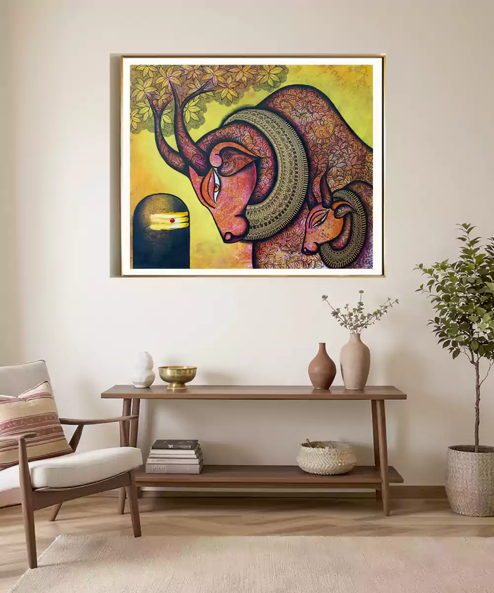 Nandi with Shiva Lingam – Acrylic on Canvas Hand Painting Wall Art | 30x36 Inches | Unframed