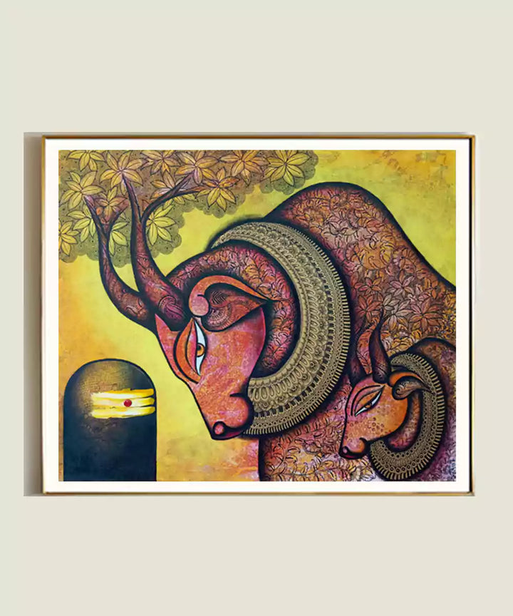 Nandi with Shiva Lingam – Acrylic on Canvas Hand Painting Wall Art | 30x36 Inches | Unframed