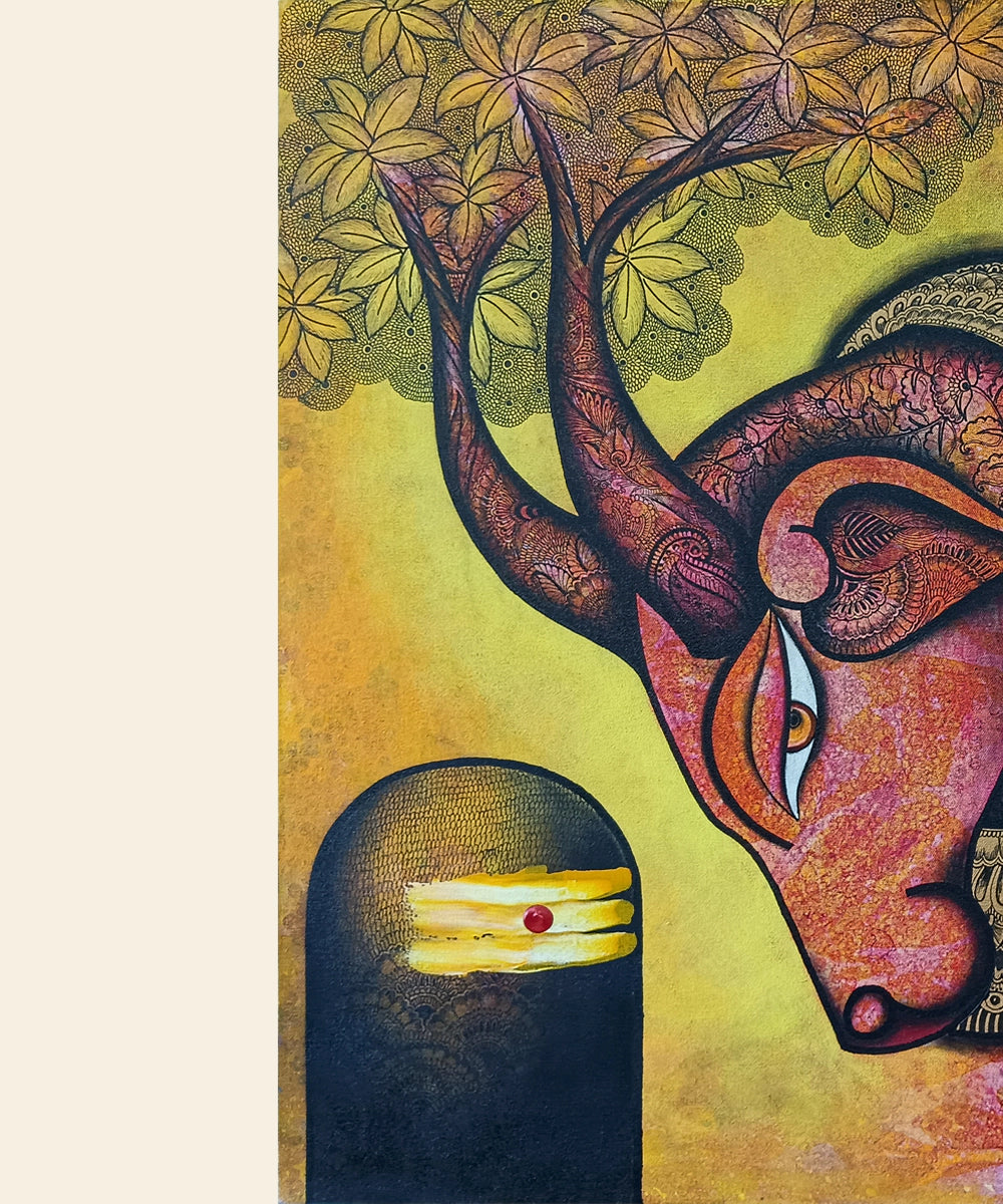 Nandi with Shiva Lingam – Acrylic on Canvas Hand Painting Wall Art | 30x36 Inches | Unframed