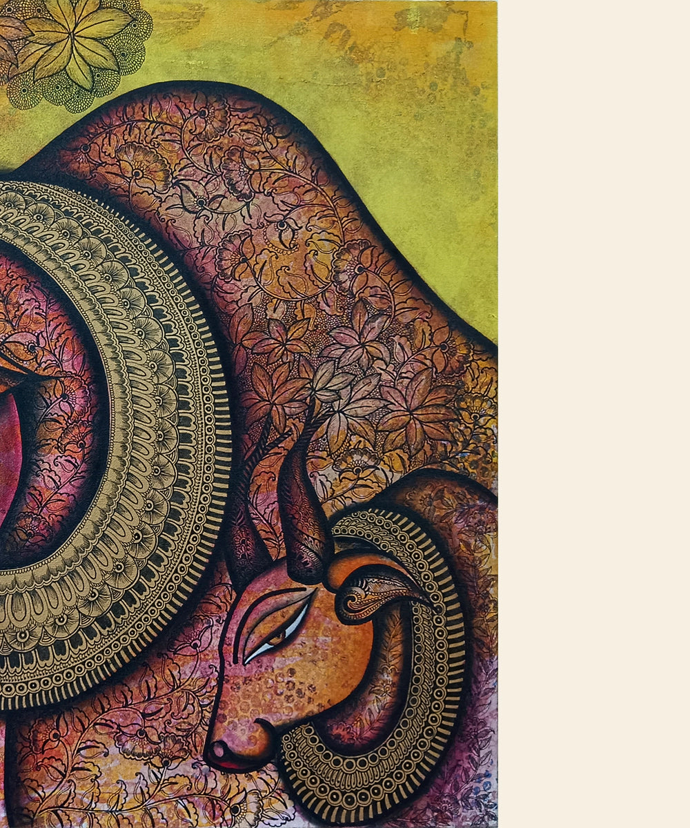 Nandi with Shiva Lingam – Acrylic on Canvas Hand Painting Wall Art | 30x36 Inches | Unframed