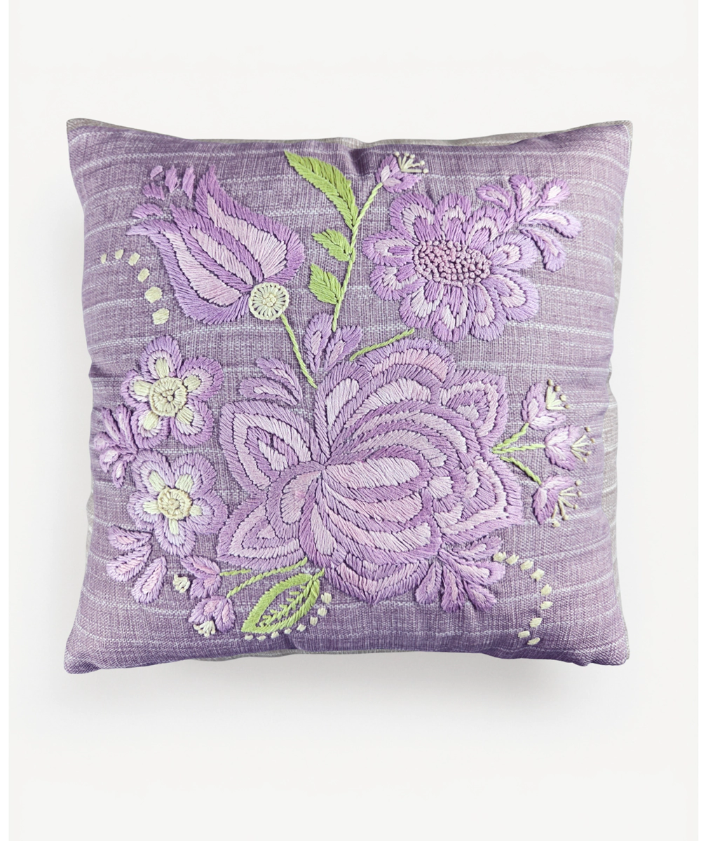 Lilac Floral Hand Embroidered Cushion Cover (16x16 Inches)