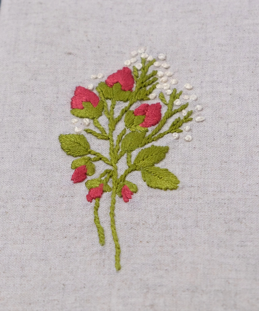 Beige Floral Cotton Linen Hand Embroidered Diary with Handmade Paper