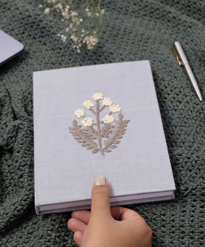 Grey Floral Cotton Silk Hand Embroidered Diary with Handmade Paper