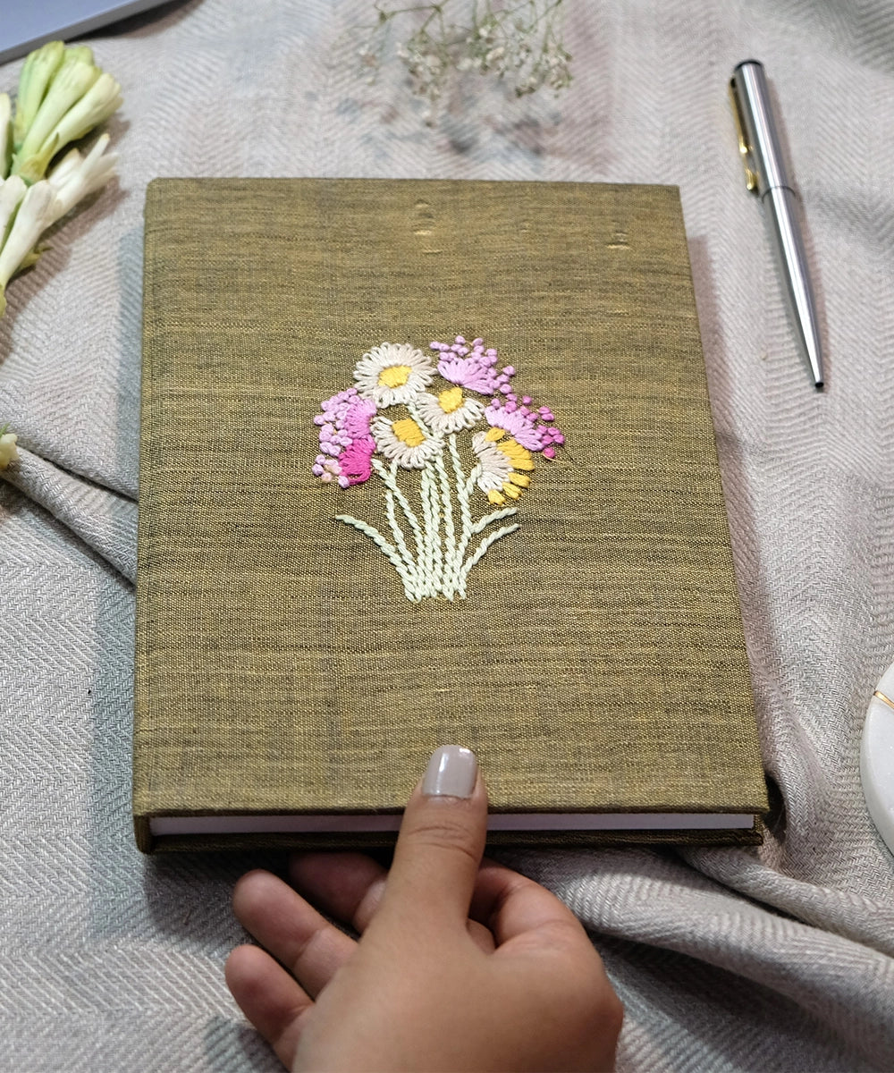 Brown Floral Handloom Cotton Hand Embroidered Diary with Handmade Paper
