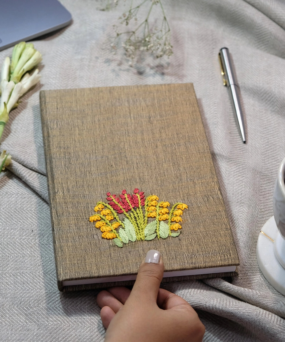 Light Brown Handloom Cotton Hand Embroidered Diary with Handmade Paper