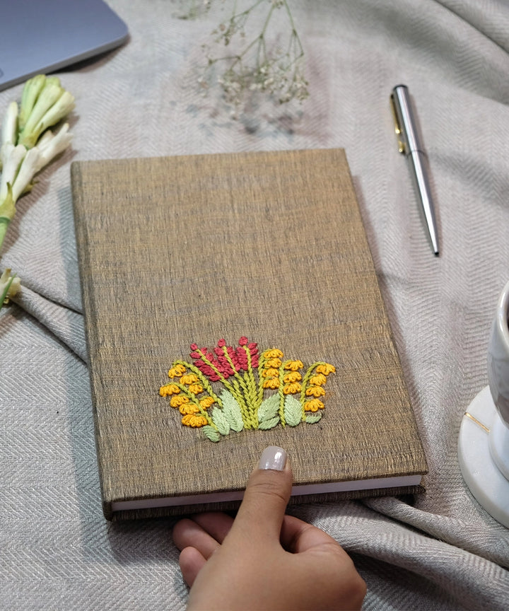 Light Brown Handloom Cotton Hand Embroidered Diary with Handmade Paper