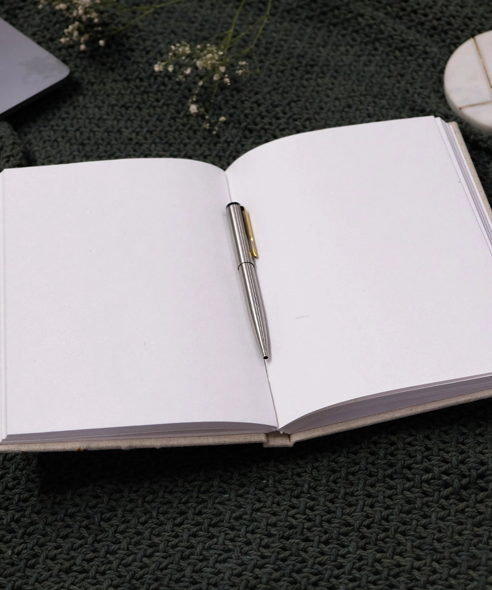Beige Floral Pure Linen Hand Embroidered Diary with Handmade Paper