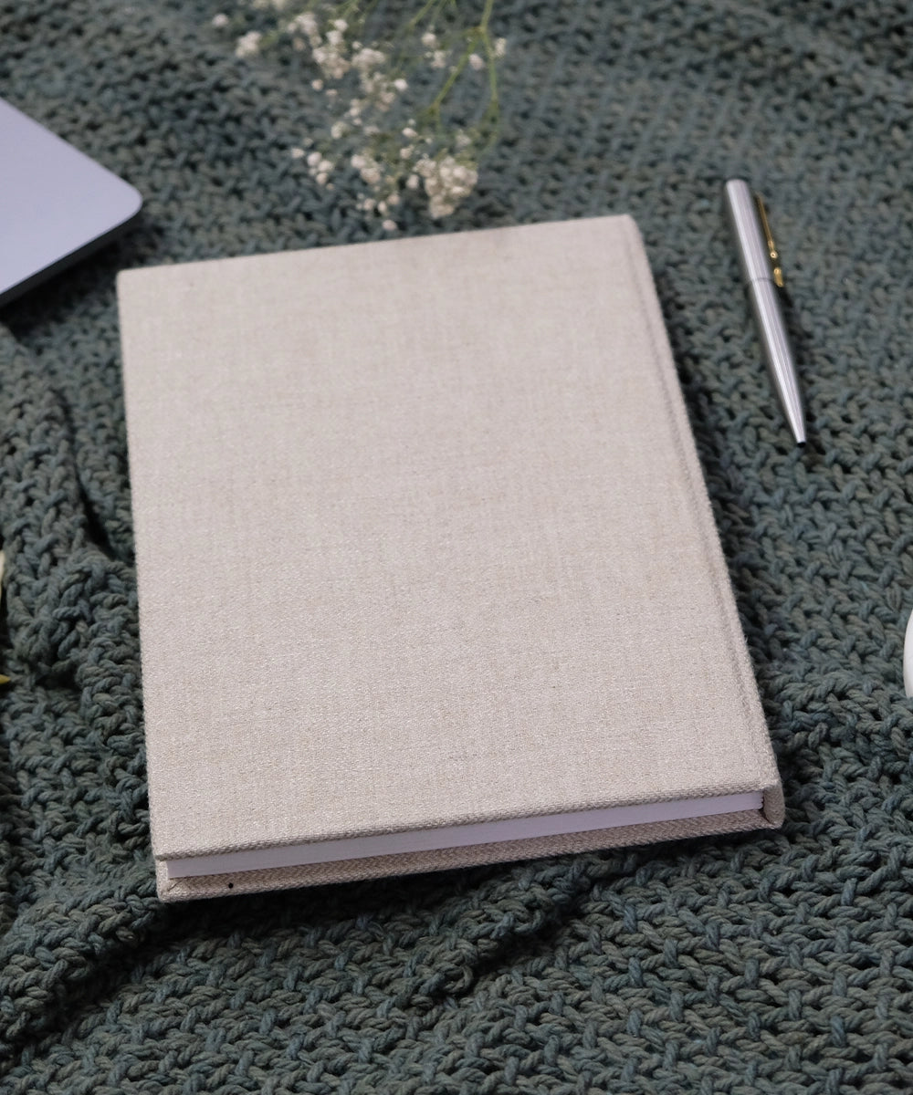 Beige Floral Pure Linen Hand Embroidered Diary with Handmade Paper