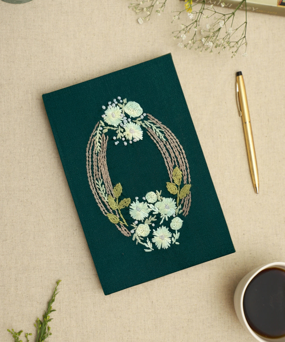 Buy Green Viscose Oval Hand Embroidered Cover Diary