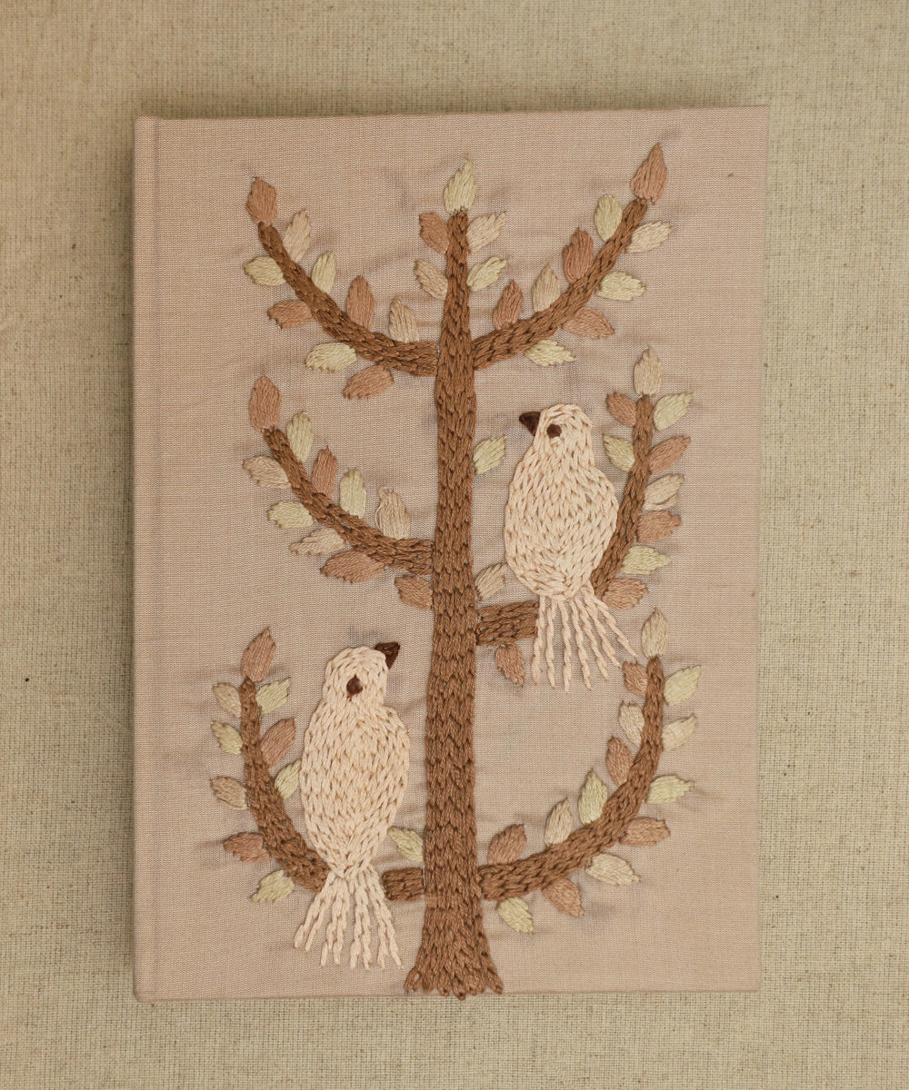 Beige Viscose Bird Hand Embroidered Diary