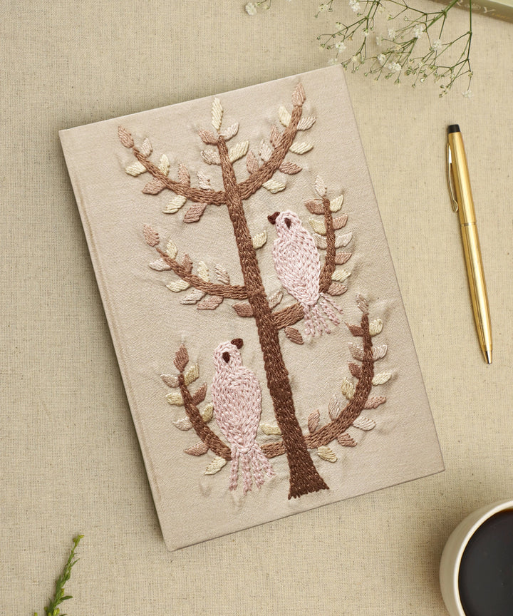 Beige Cotton Hand Embroidered Diary (Handmade Paper)