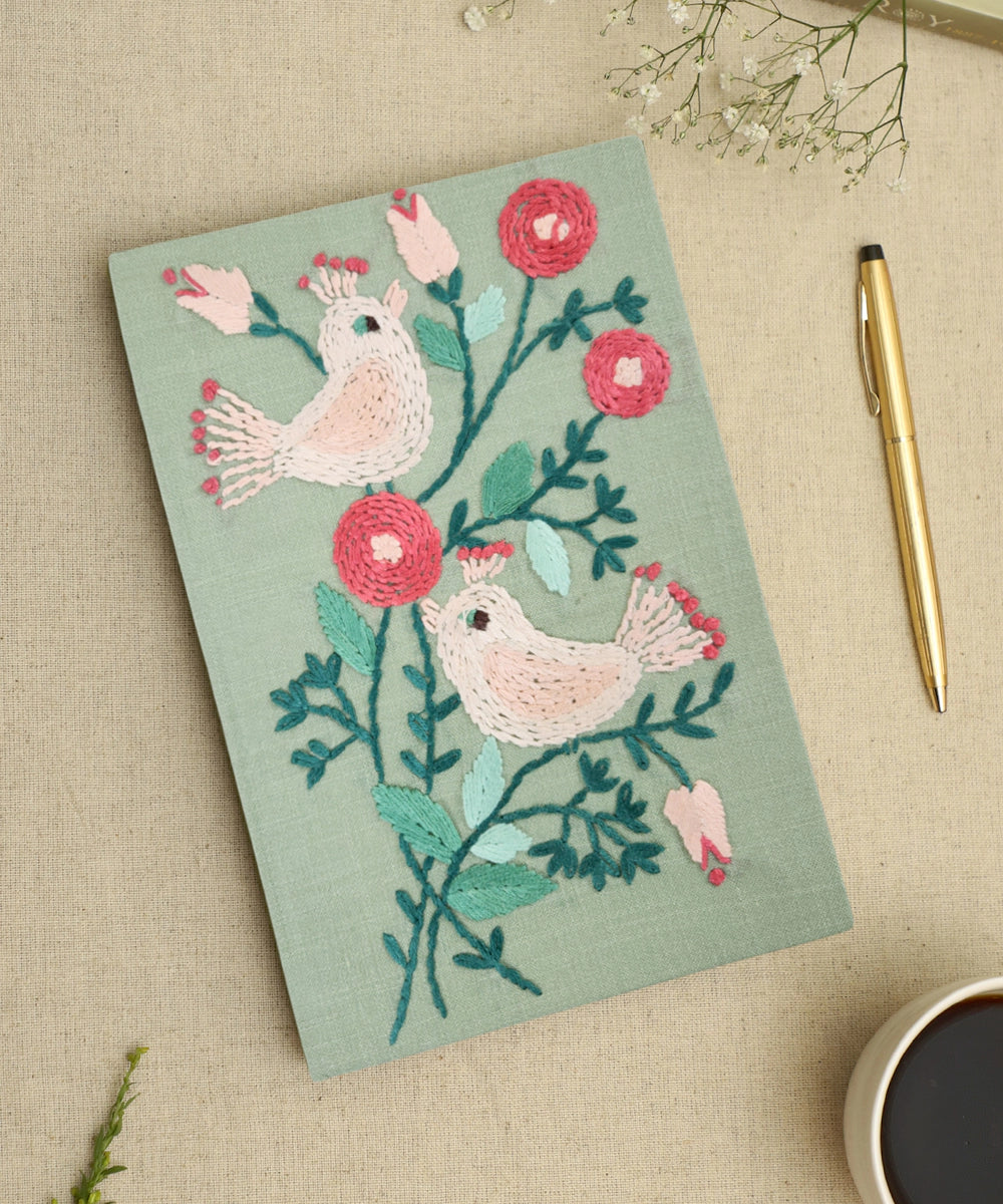 Sage Green Cotton Hand Embroidered Diary (Handmade Paper)