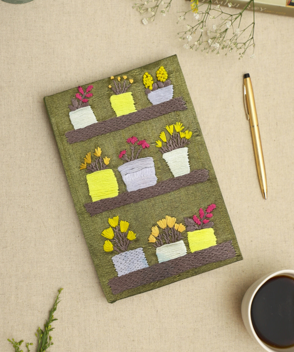 Buy Olive Green Dupion Flower Pot Hand Embroidered Diary 