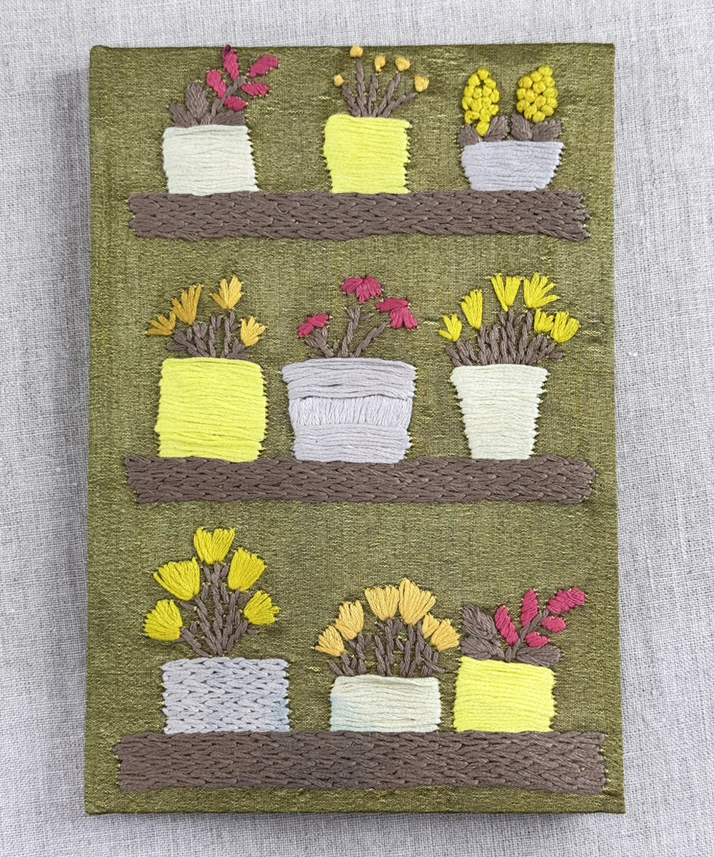 Olive Green Dupion Flower Pot Hand Embroidered Diary | Handmade Cotton Paper