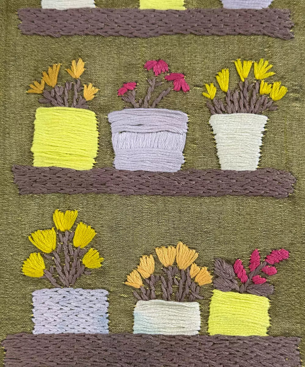 Olive Green Dupion Flower Pot Hand Embroidered Diary | Handmade Cotton Paper