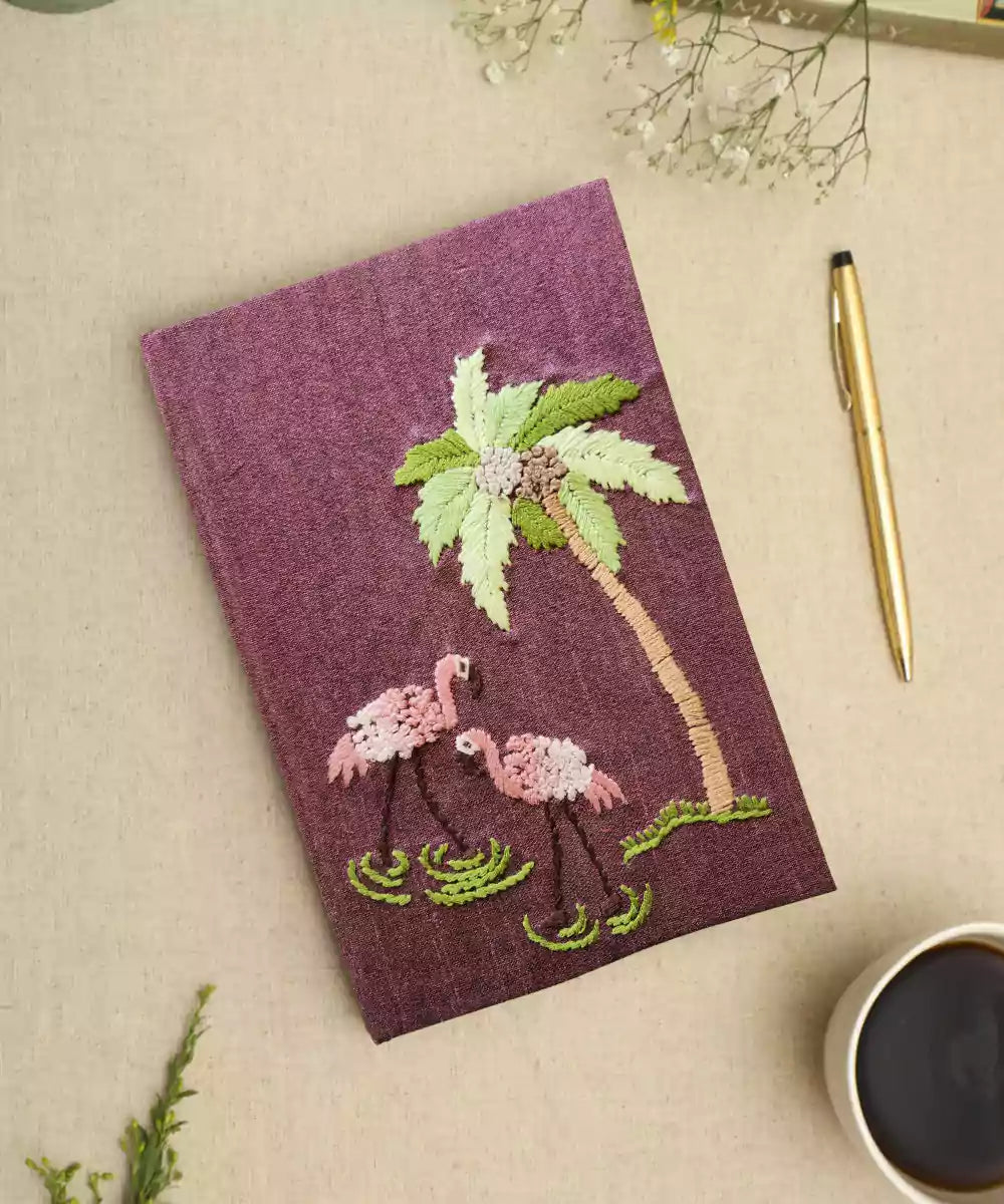 Flamingo Garden Hand Embroidered Diary | Handmade Cotton Paper