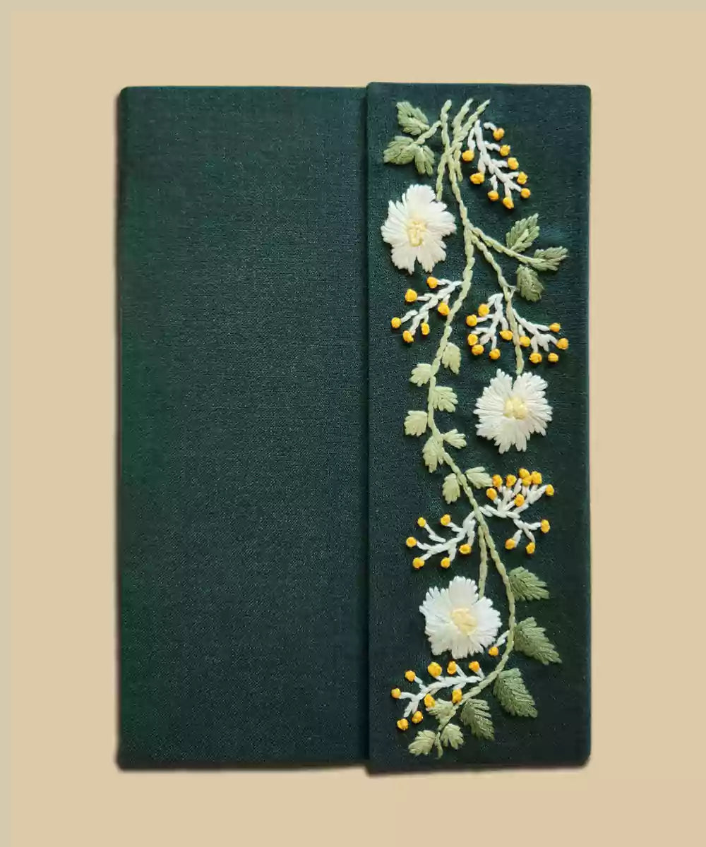 Green Floral Flap Hand Embroidered Diary | Handmade Cotton Paper