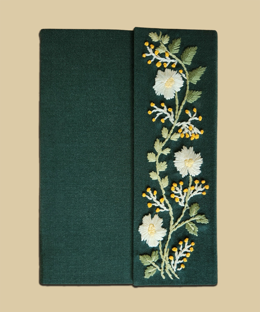 Green Floral Flap Hand Embroidered Diary | Handmade Cotton Paper