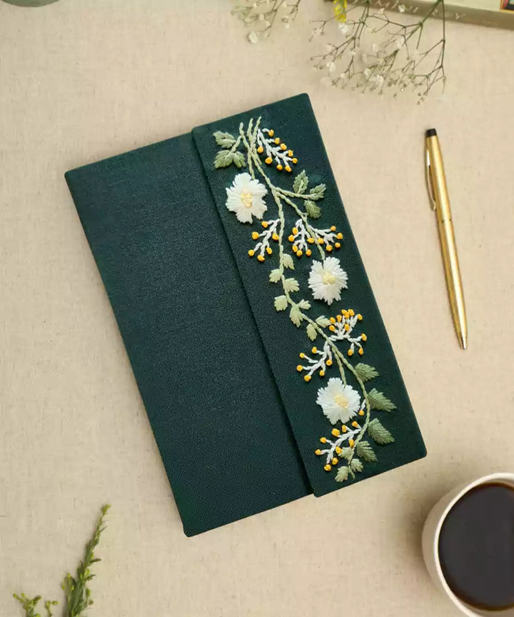 Green Floral Flap Hand Embroidered Diary | Handmade Cotton Paper