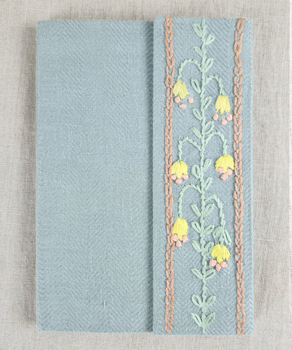 Light Blue Linen Herringbone Flap Hand Embroidered Diary (Handmade Paper)