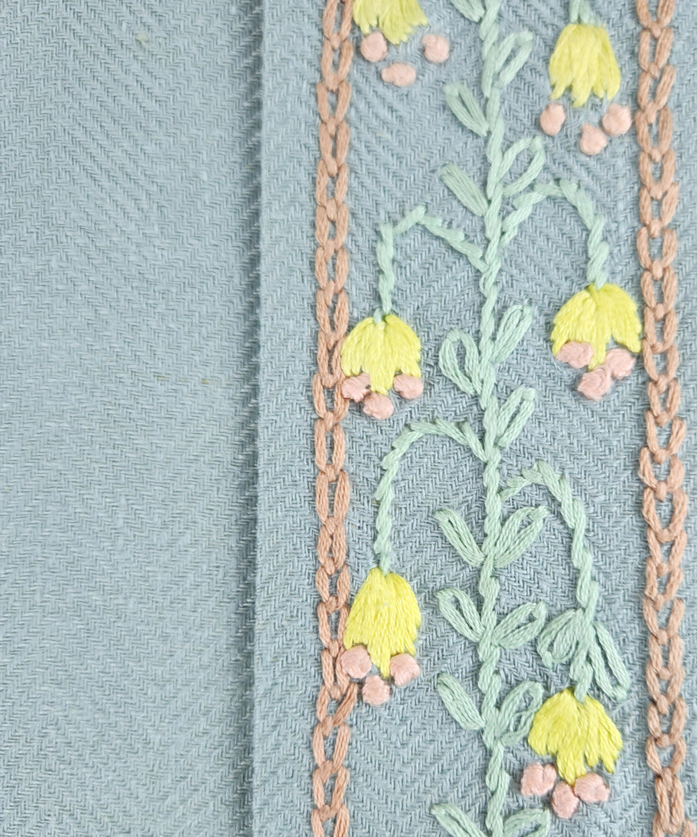 Light Blue Linen Herringbone Flap Hand Embroidered Diary (Handmade Paper)
