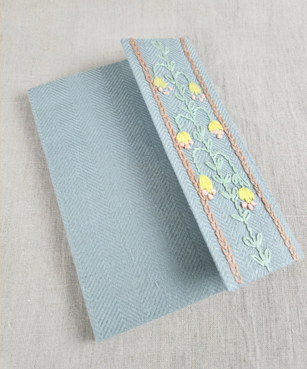 Light Blue Linen Herringbone Flap Hand Embroidered Diary (Handmade Paper)
