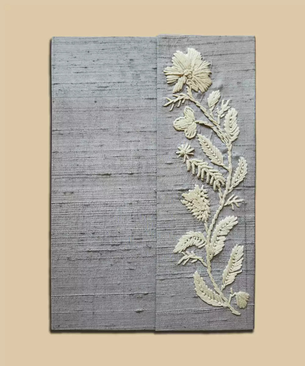 Grey Floral Flap Hand Embroidered Diary | Handmade Cotton Paper