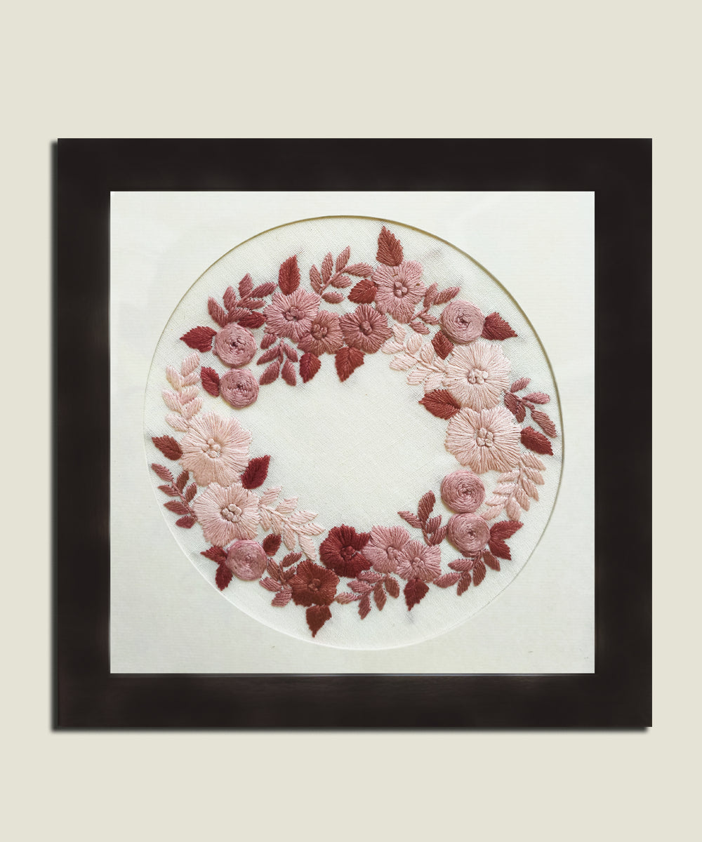Pink Floral Hand Embroidered Wall Art | Framed