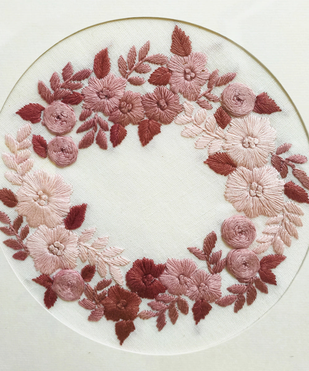 Pink Floral Hand Embroidered Wall Art | Framed