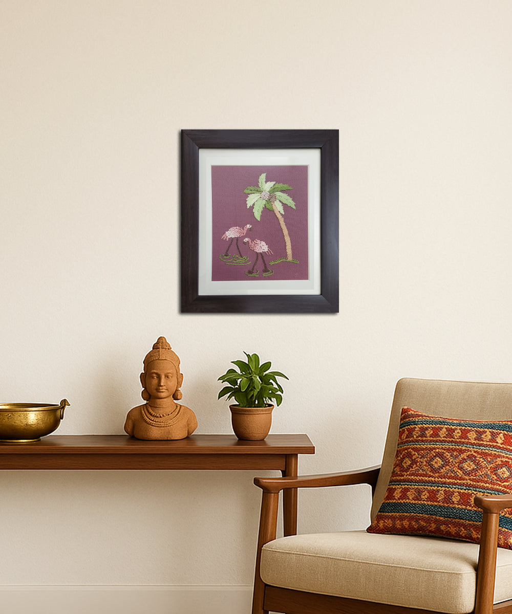 Flamingo Garden Hand Embroidered Wall Art | Framed