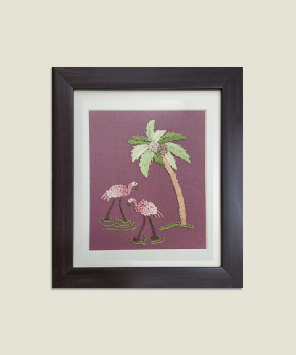Flamingo Garden Hand Embroidered Wall Art | Framed