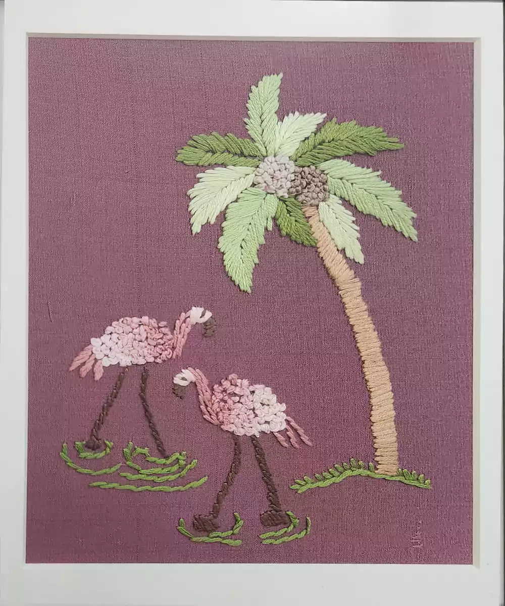Flamingo Garden Hand Embroidered Wall Art | Framed