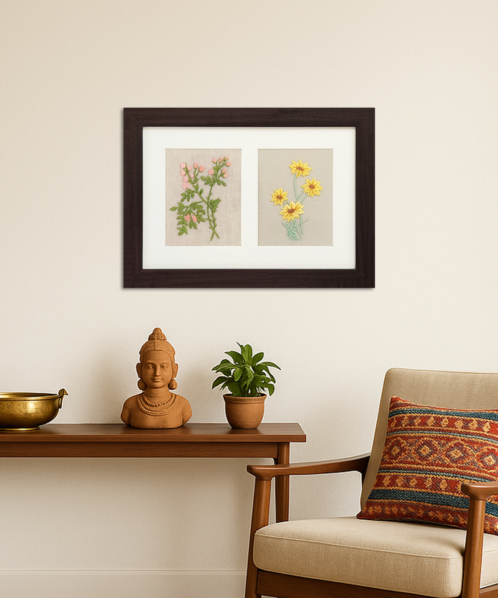 Botanical Pair Threaded Hand Embroidered Wall Accent | Acrylic Framed Wall Art