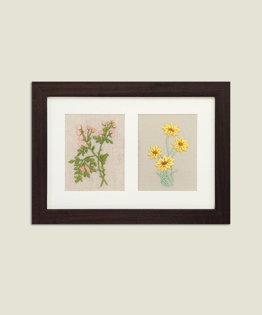 Botanical Pair Threaded Hand Embroidered Wall Accent | Acrylic Framed Wall Art