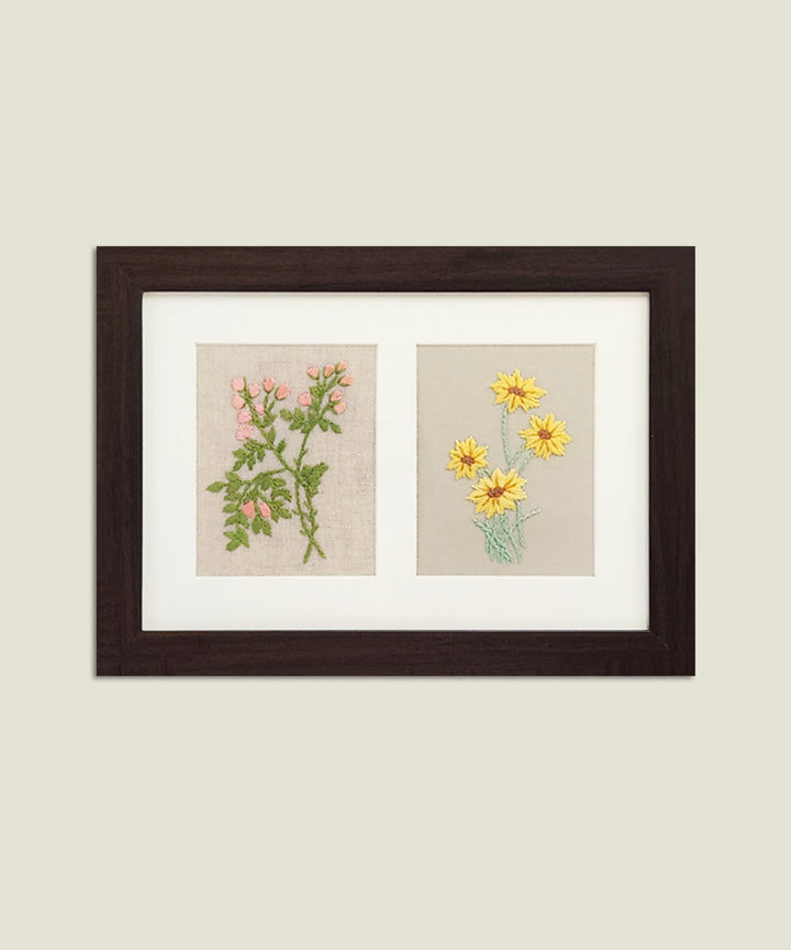 Botanical Pair Threaded Hand Embroidered Wall Accent | Acrylic Framed Wall Art