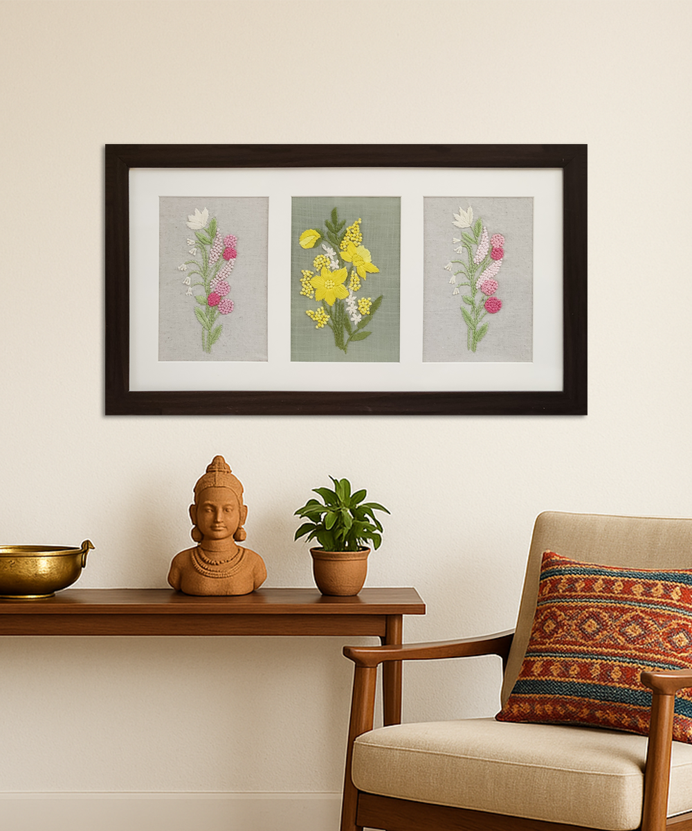 Floral Harmony 3-panel Hand Embroidered Wall Hanging | Acrylic Framed Wall Art