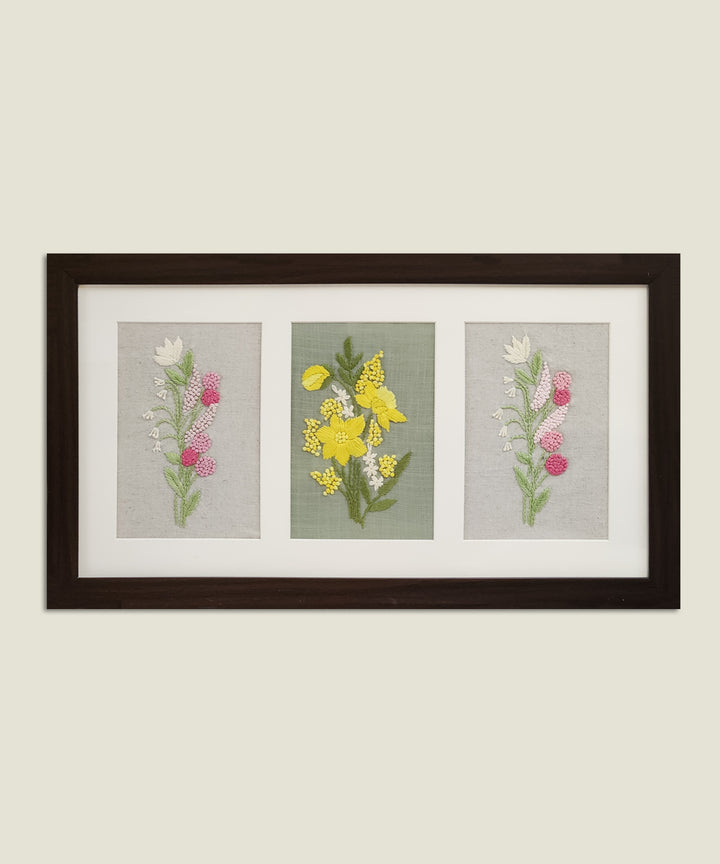 Floral Harmony 3-panel Hand Embroidered Wall Hanging | Acrylic Framed Wall Art
