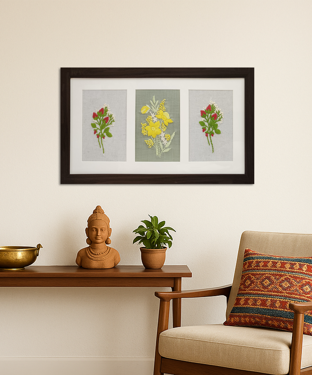 Spring Story 3-panel Hand Embroidered Wall Hanging | Acrylic Framed Wall Art
